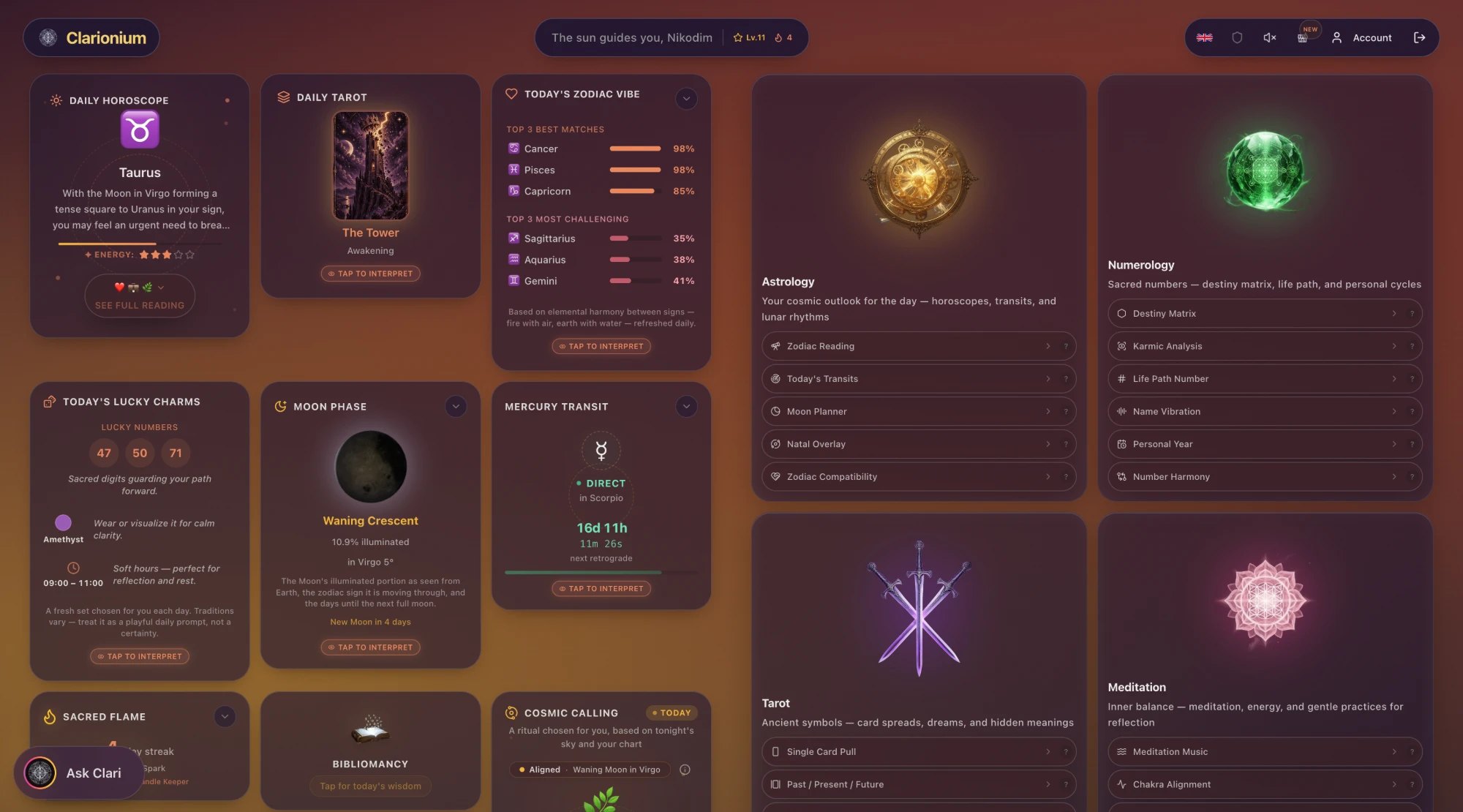 Clarionium — Astroloģijas un numeroloģijas vadības panelis
